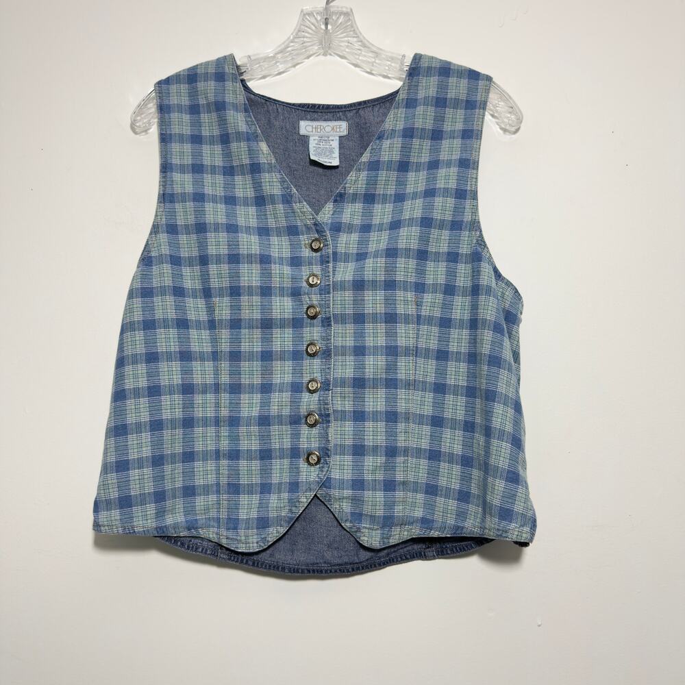 CHEROKEE Vintage Y2K 90s 80s Denim Blue Plaid Jean Vest Size M Medium
